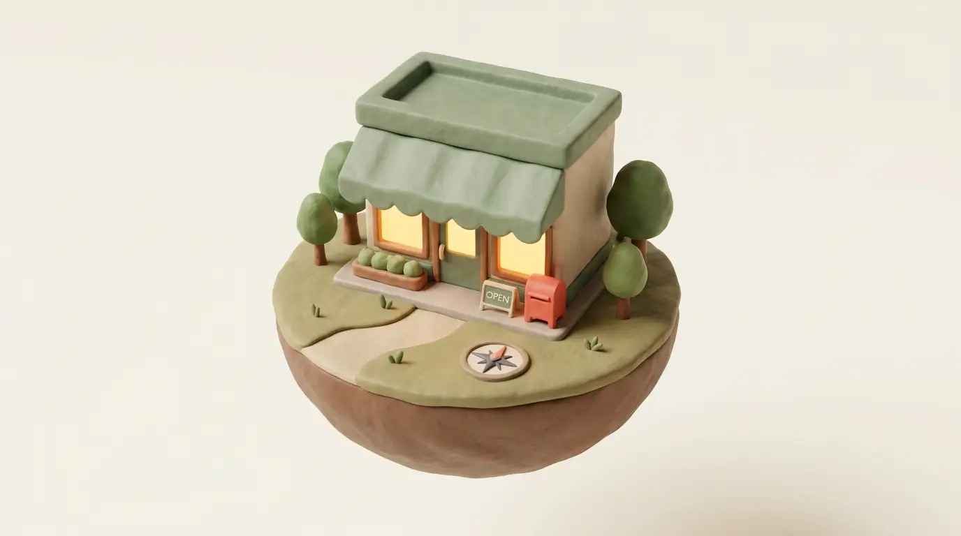 A clay-style local business storefront on a small landscaped island
